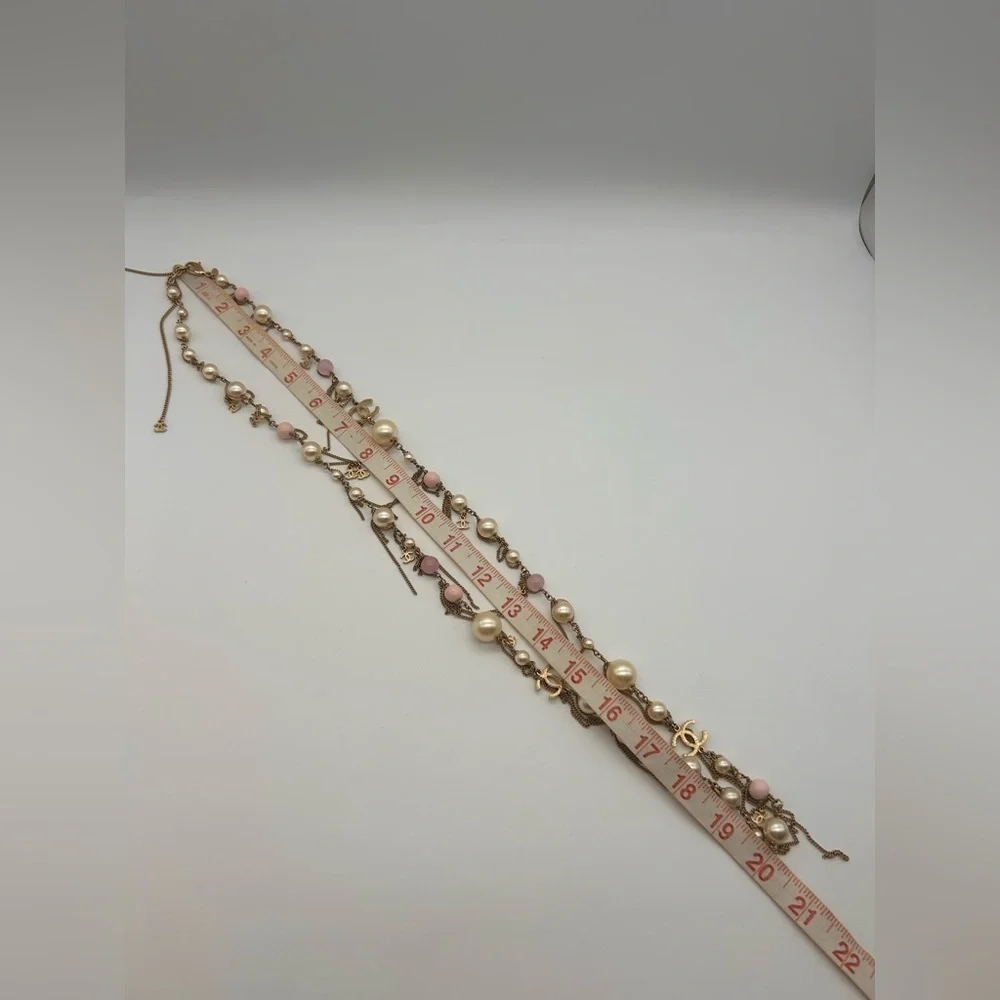 Chanel 100% Authentic Pearl 3 Large CC Long Necklace Silver Pink Tone 20 Inch
